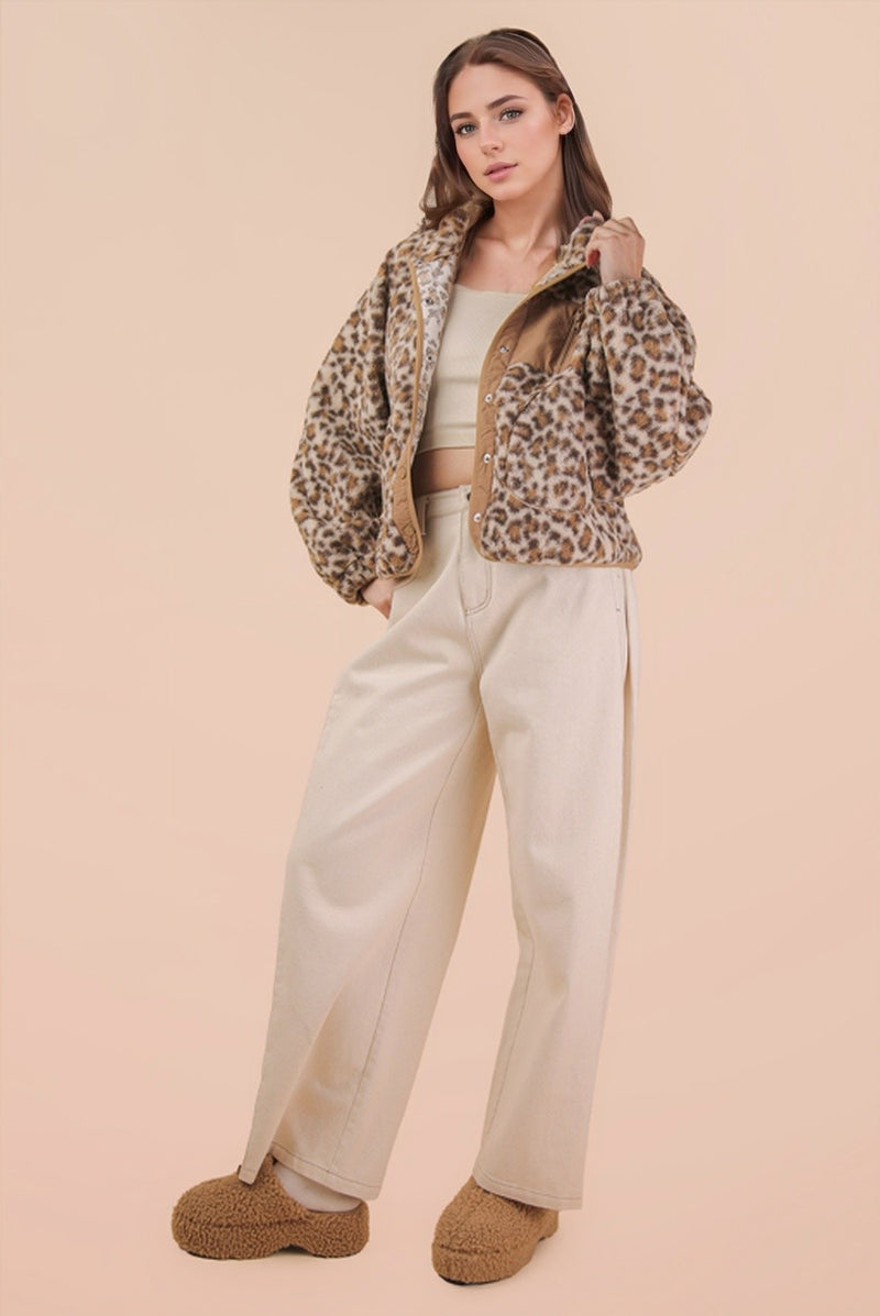 Cali Fleece Jacket, Cream Leopard