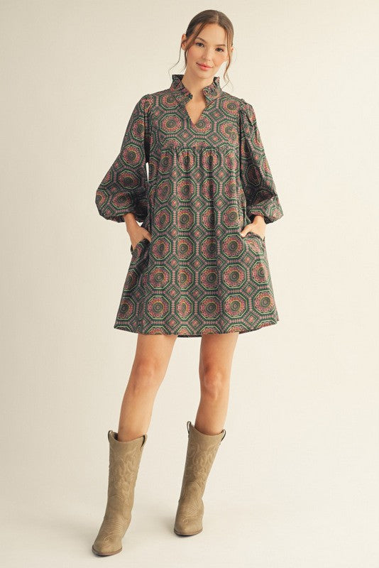 Leena Printed Dress, Hunter Green