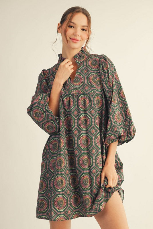Leena Printed Dress, Hunter Green