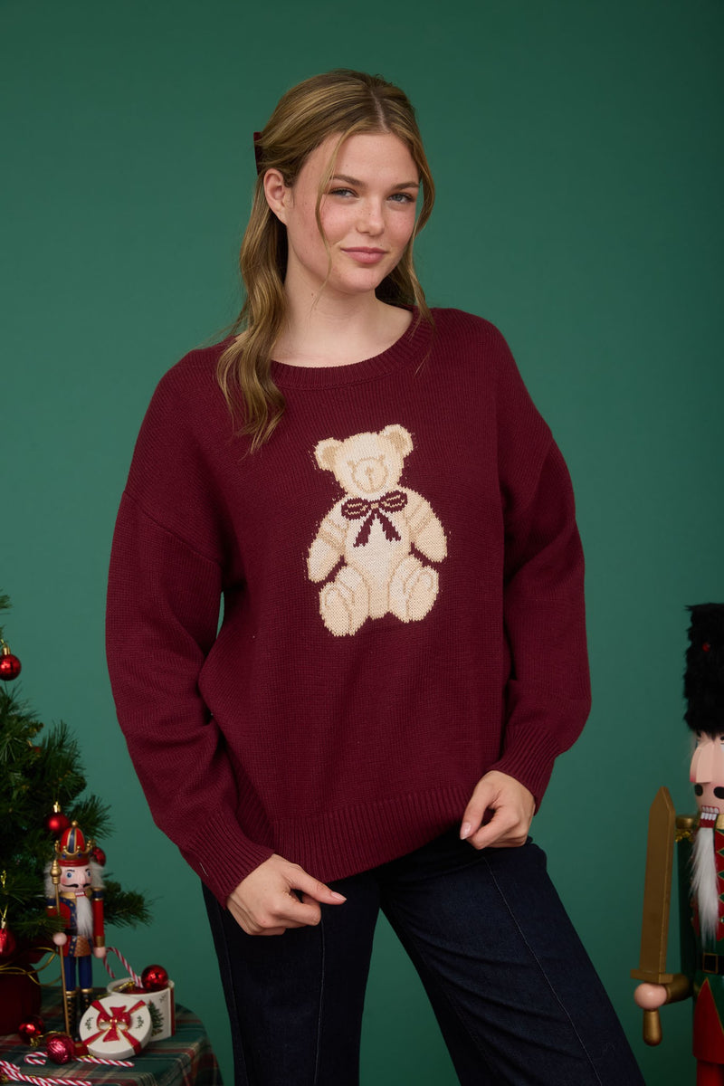 Elle Teddy Bear Graphic Sweater, Burgundy