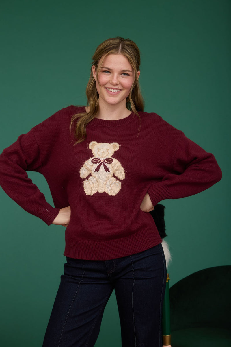 Elle Teddy Bear Graphic Sweater, Burgundy