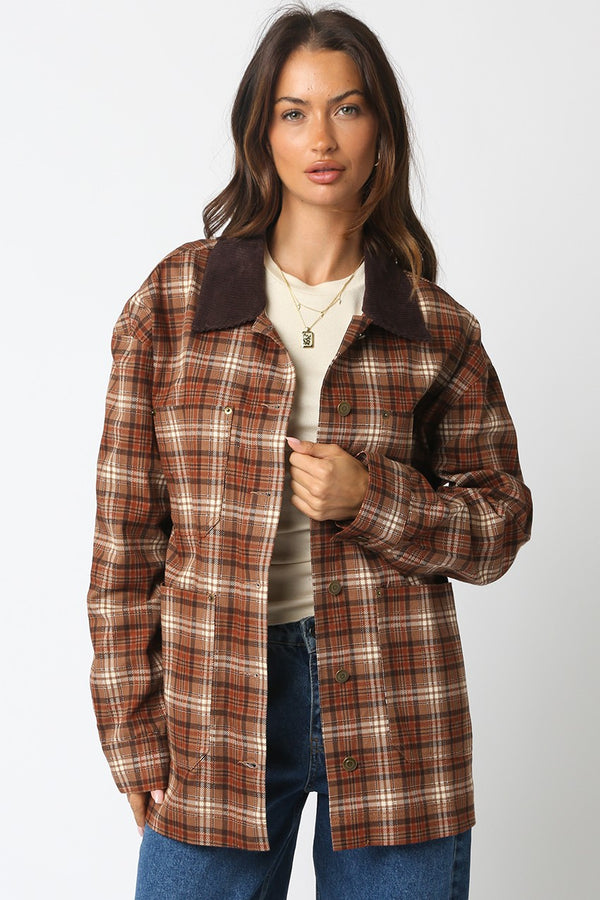 Ester Plaid Button Down Jacket, Taupe