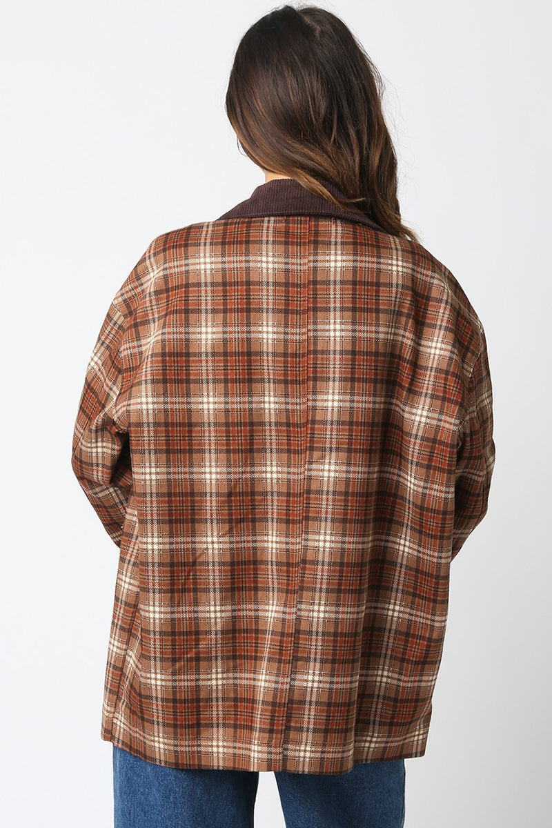 Ester Plaid Button Down Jacket, Taupe