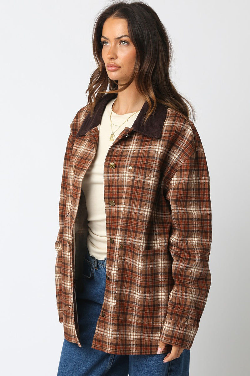 Ester Plaid Button Down Jacket, Taupe