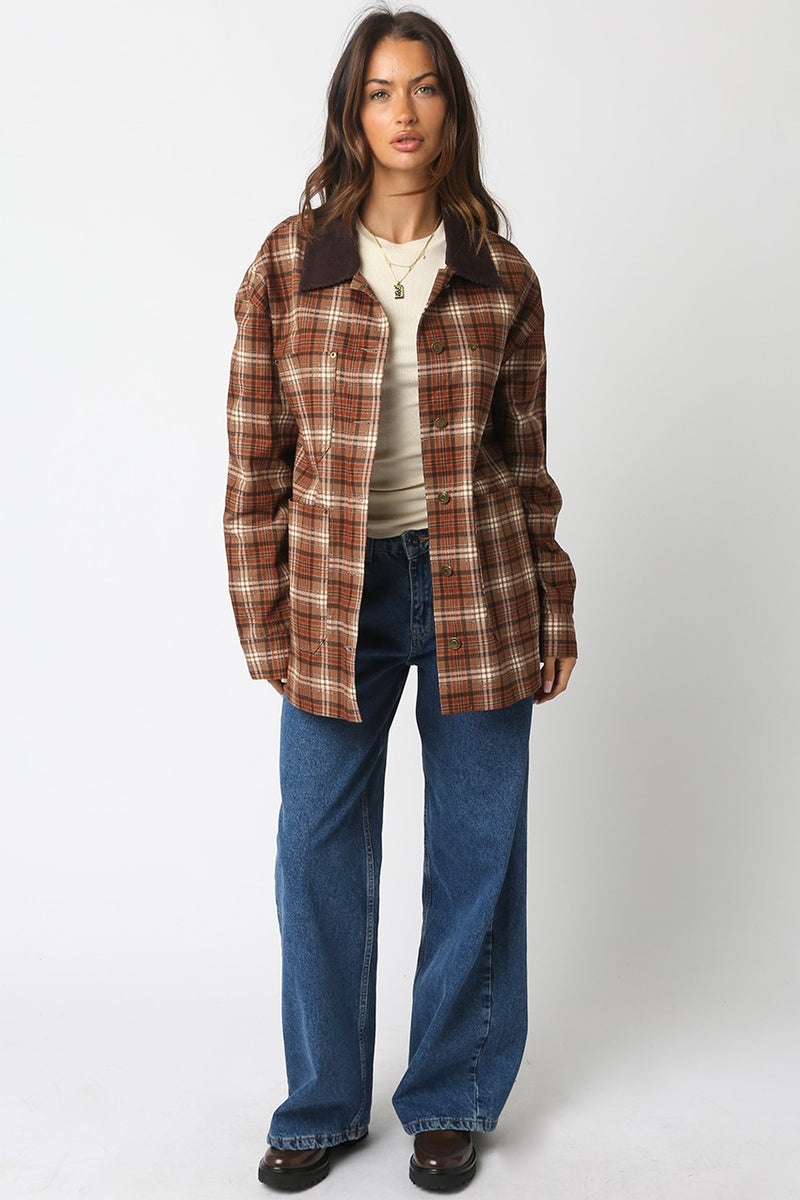 Ester Plaid Button Down Jacket, Taupe