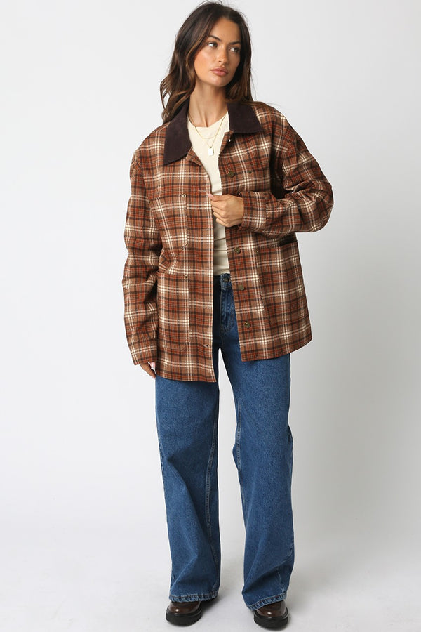 Ester Plaid Button Down Jacket, Taupe