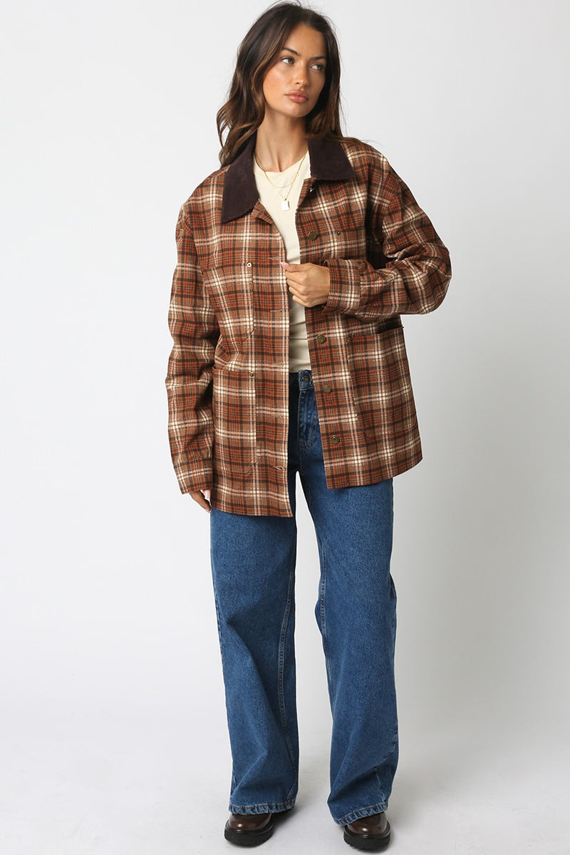 Ester Plaid Button Down Jacket, Taupe