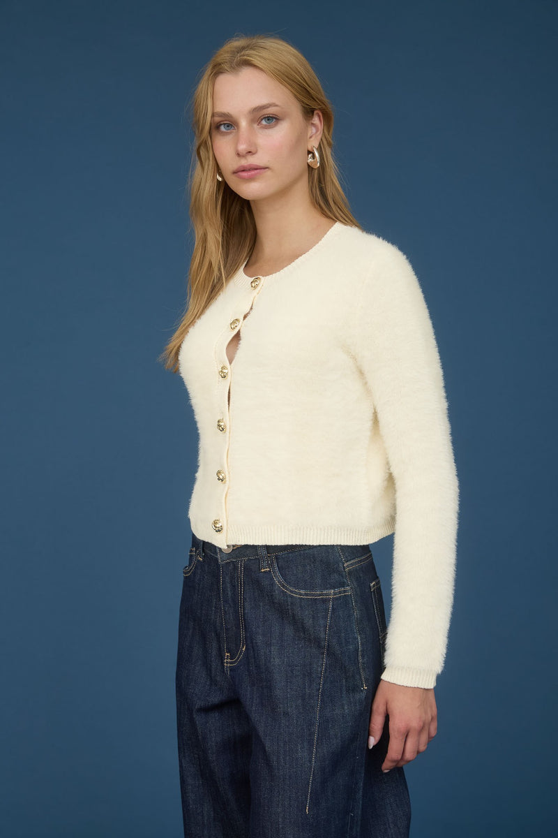Dallas Fuzzy Knit Cardigan, Cream