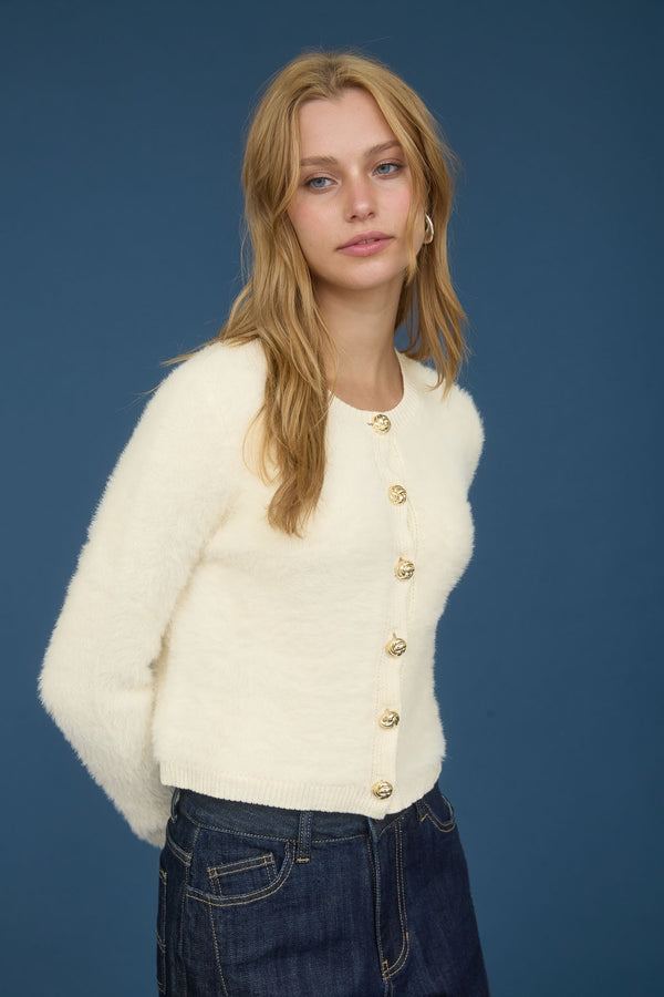 Dallas Fuzzy Knit Cardigan, Cream