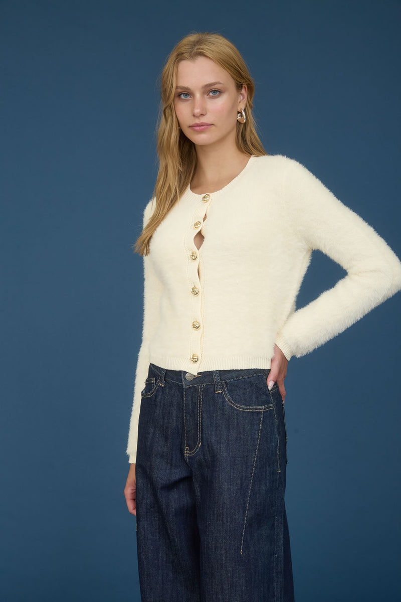 Dallas Fuzzy Knit Cardigan, Cream