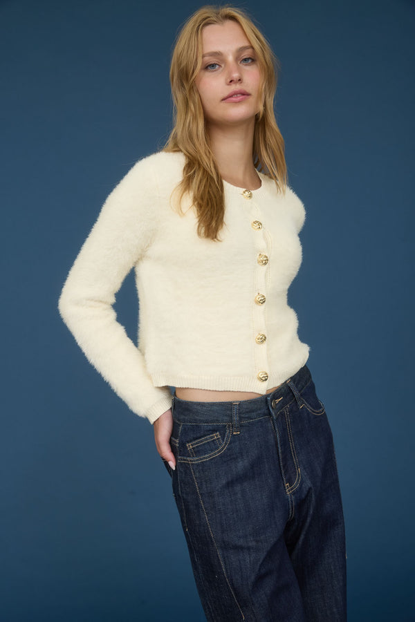 Dallas Fuzzy Knit Cardigan, Cream