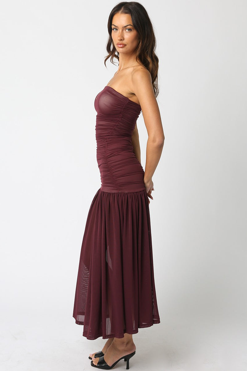 Lenora Strapless Fitted Maxi Dress, Burgundy