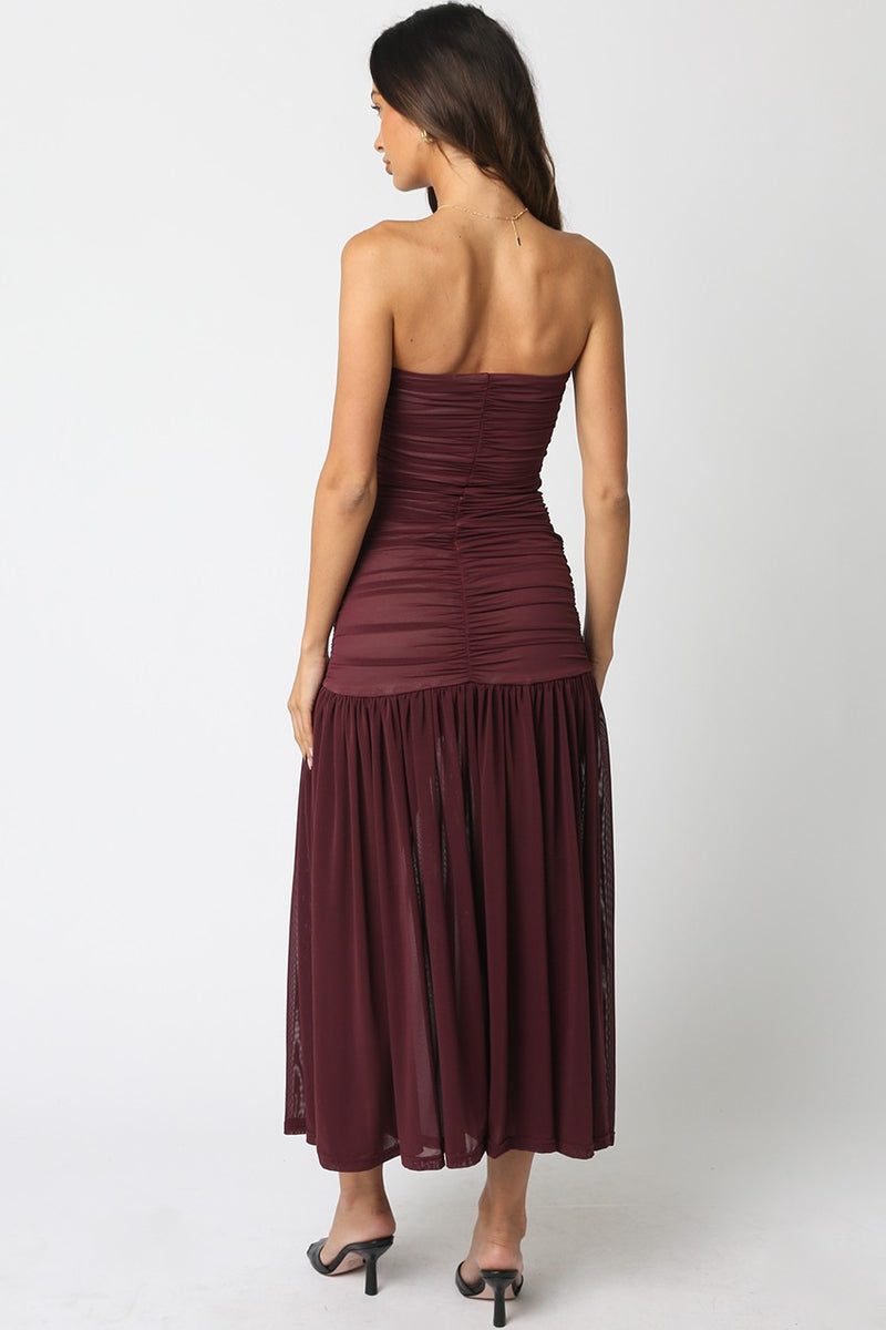Lenora Strapless Fitted Maxi Dress, Burgundy