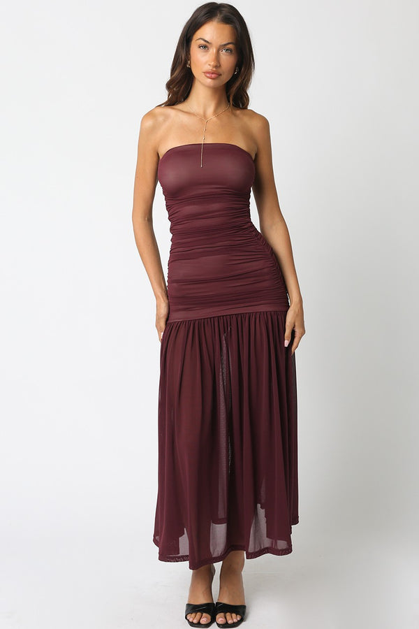 Lenora Strapless Fitted Maxi Dress, Burgundy