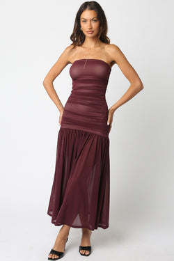 Lenora Strapless Fitted Maxi Dress, Burgundy