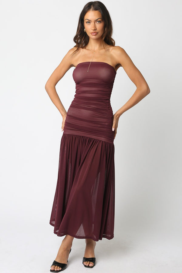 Lenora Strapless Fitted Maxi Dress, Burgundy