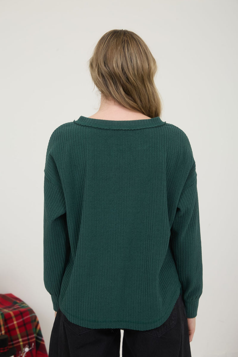 Rowan Ribbed Henley Long Sleeve Top, Hunter Green