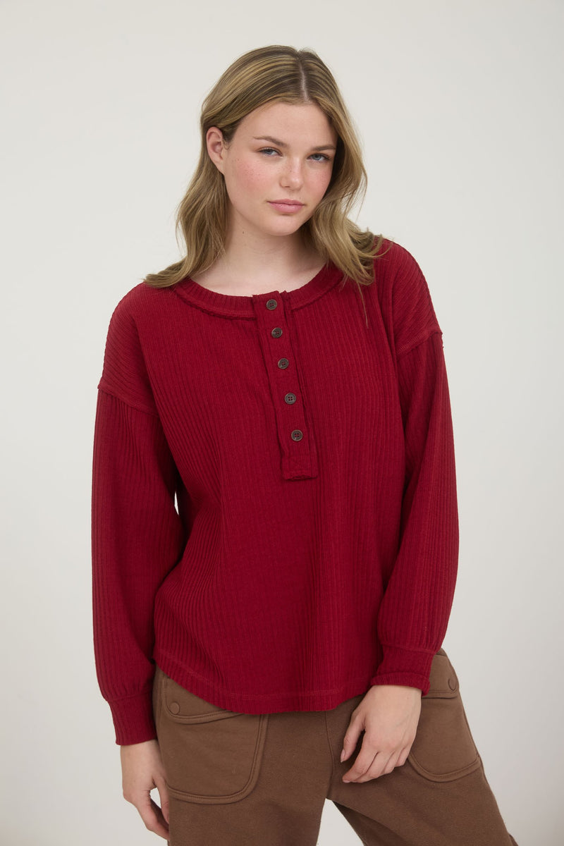 Rowan Ribbed Henley Long Sleeve Top, Deep Red