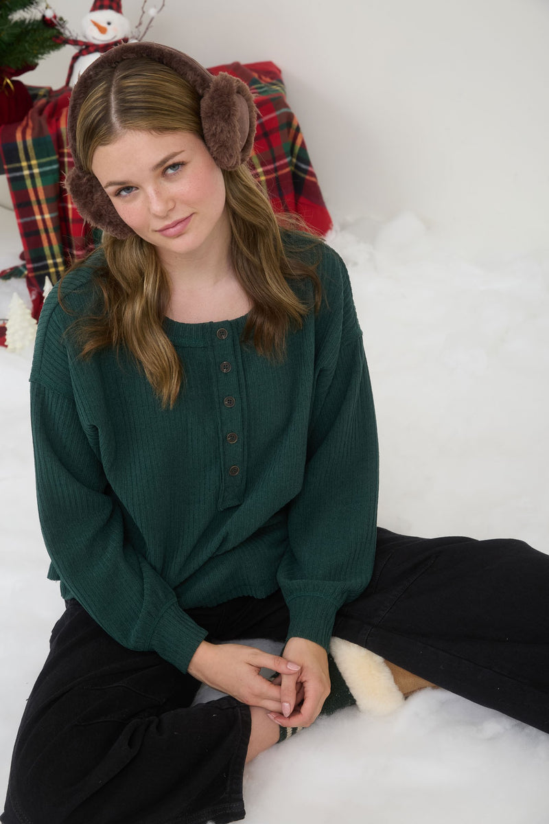 Rowan Ribbed Henley Long Sleeve Top, Hunter Green