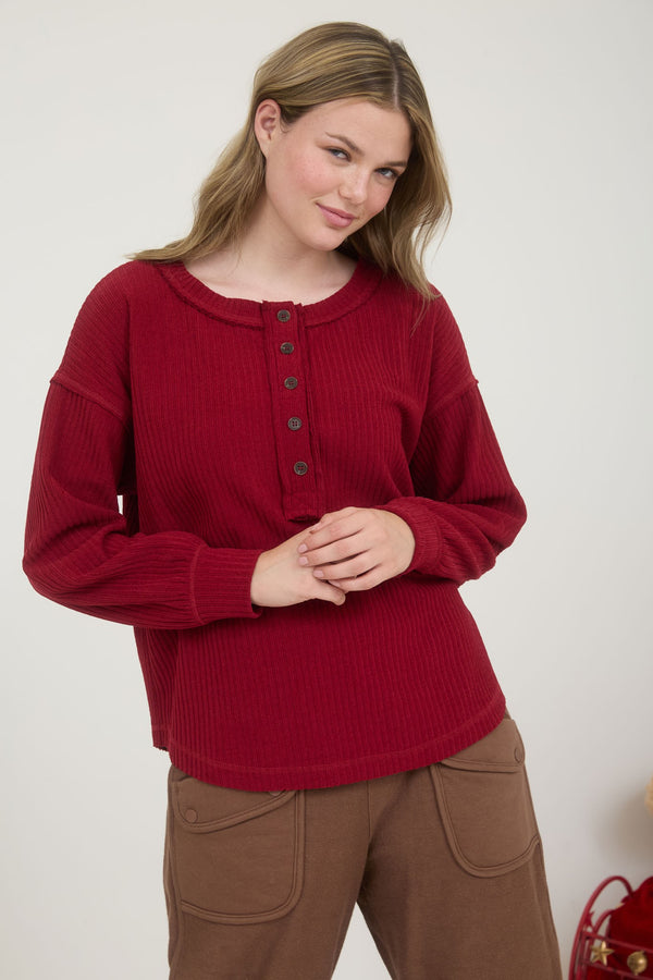 Rowan Ribbed Henley Long Sleeve Top, Deep Red