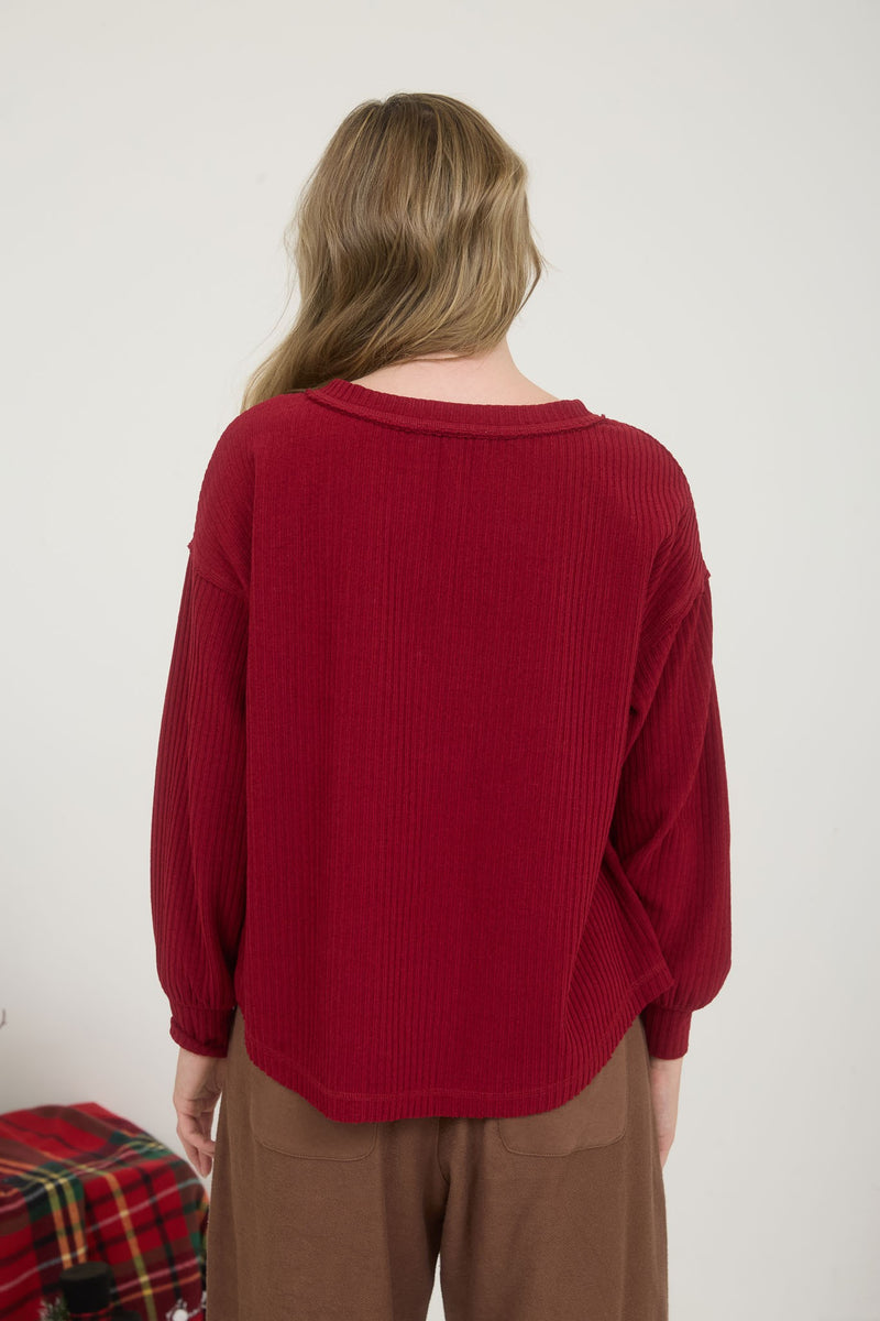 Rowan Ribbed Henley Long Sleeve Top, Deep Red