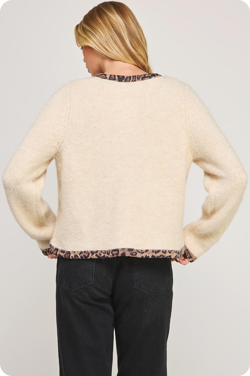 Leeda Leopard Trim Knit Jacket, Light Taupe/Black