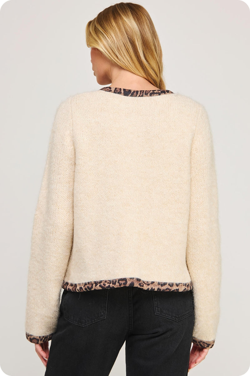 Leeda Leopard Trim Knit Jacket, Light Taupe/Black