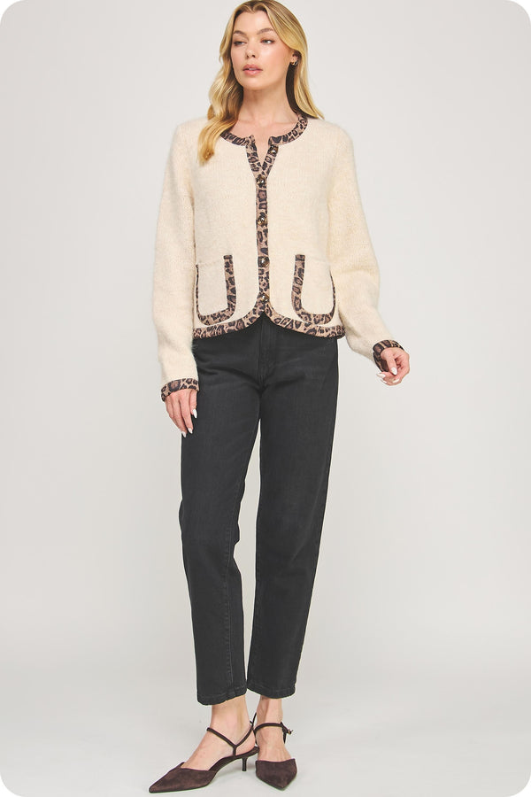 Leeda Leopard Trim Knit Jacket, Light Taupe/Black