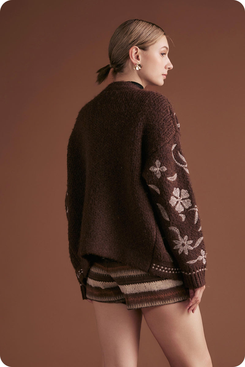 Evie Embroidered Knit Cardigan, Chocolate Brown