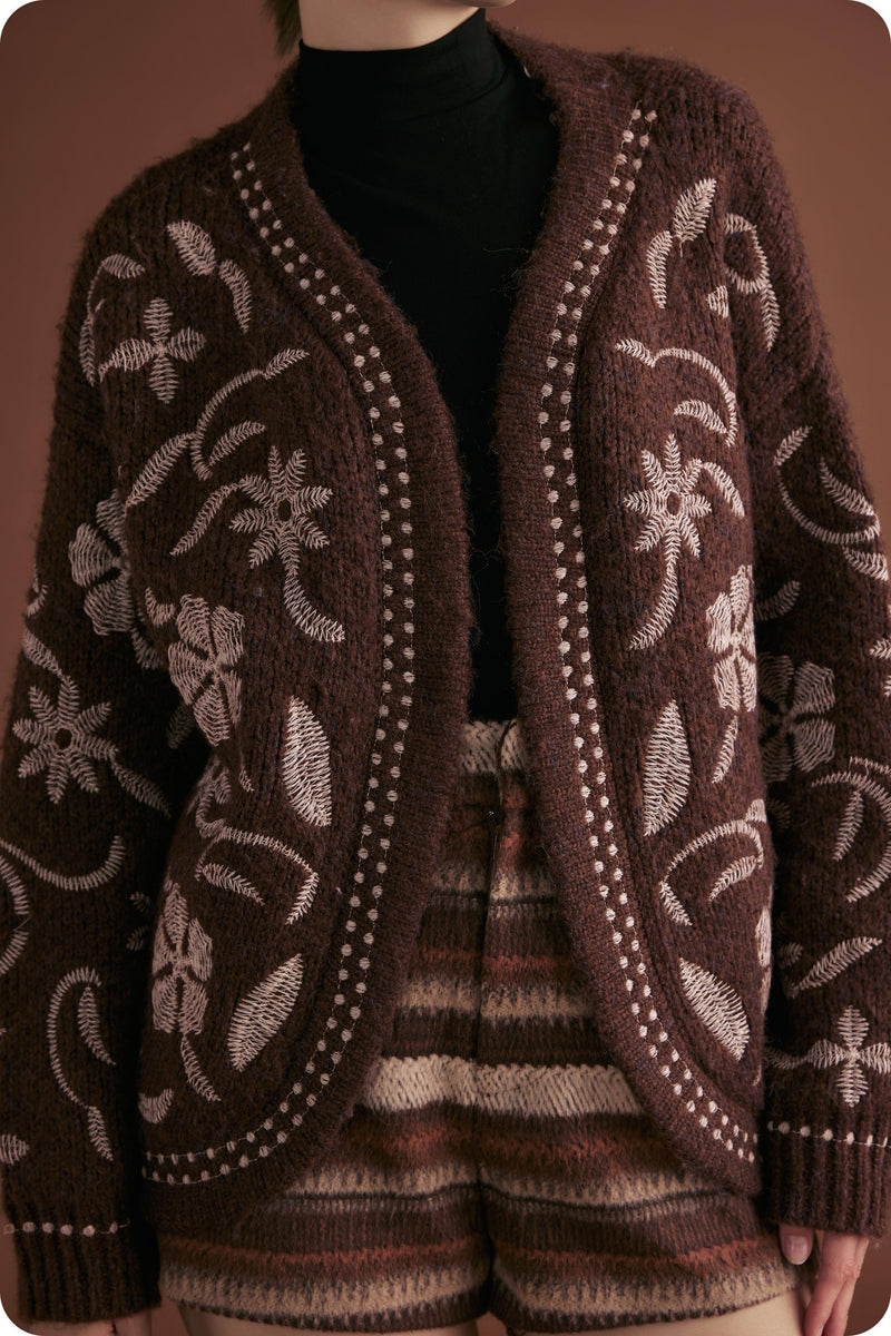 Evie Embroidered Knit Cardigan, Chocolate Brown