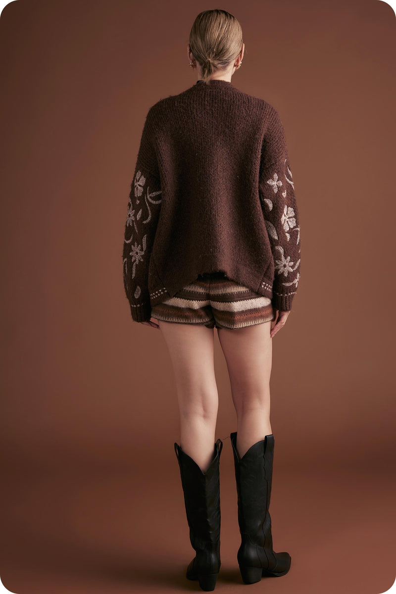 Evie Embroidered Knit Cardigan, Chocolate Brown