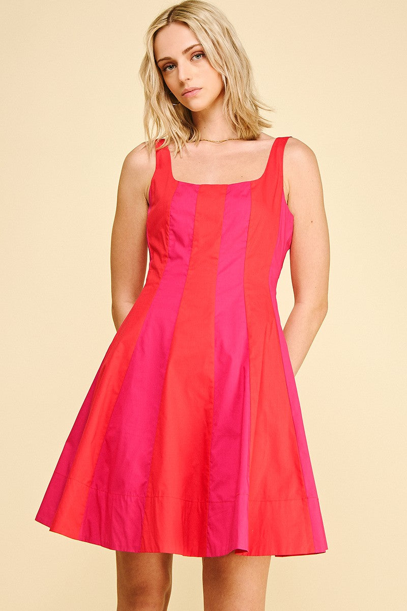 Color Block Flared Mini Dress, Red/Magenta