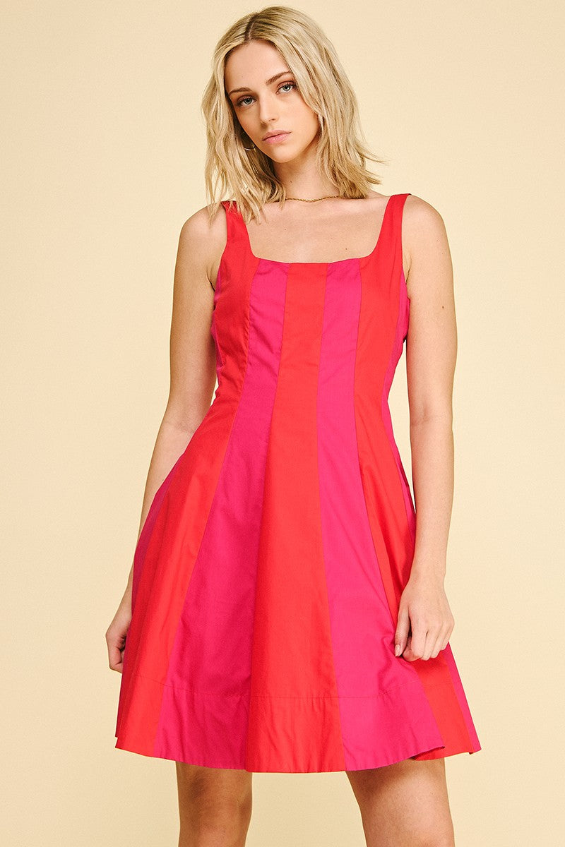 Color Block Flared Mini Dress, Red/Magenta