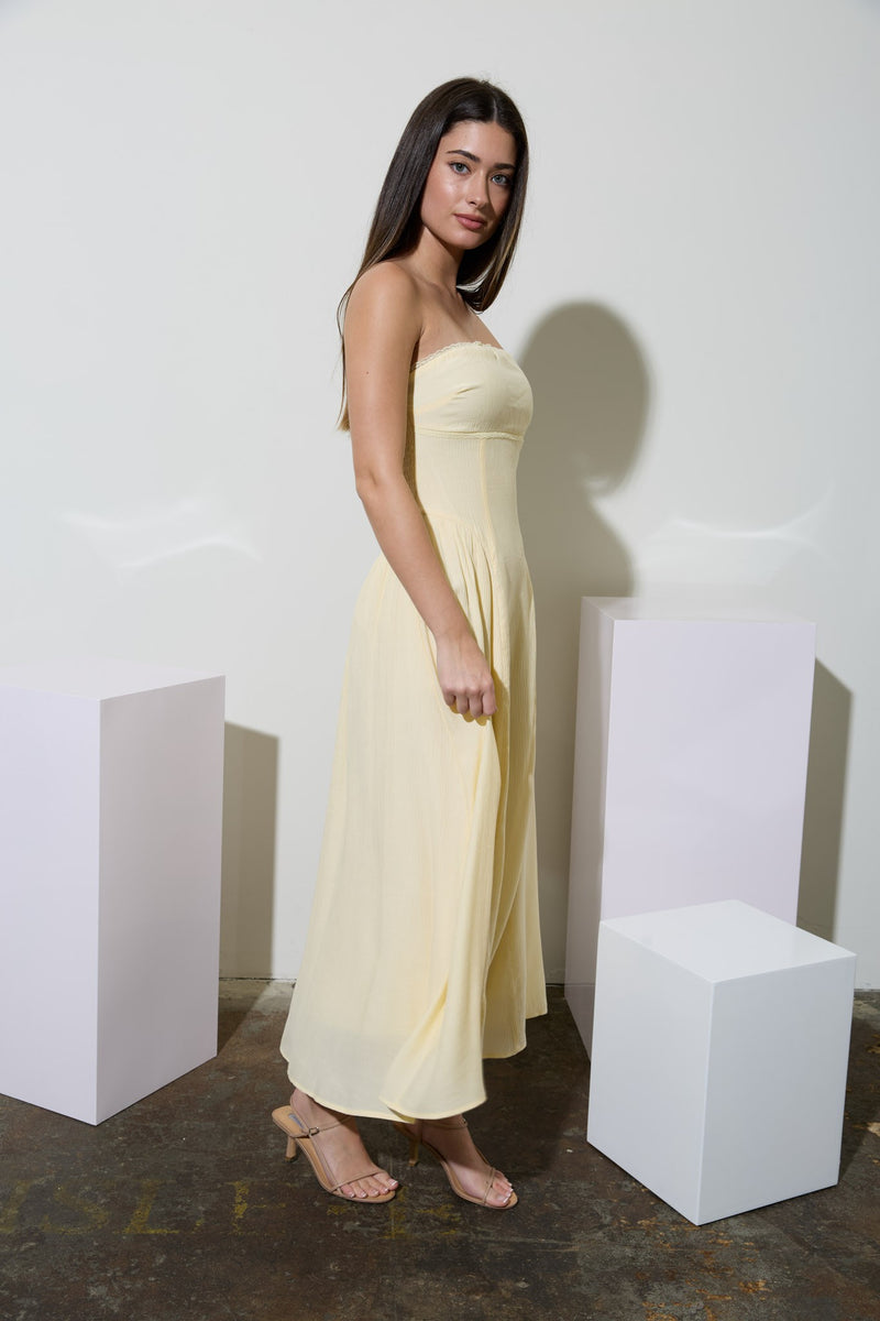 Adaline Strapless Lace Detail Midi Dress, Butter Yellow  North & Main  Clothing Company