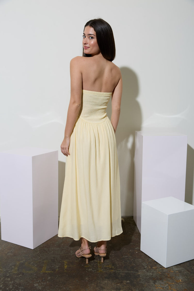 butter yellow strapless dress Adaline Strapless Lace Detail Midi Dress, Butter Yellow – North & Main  Clothing Company