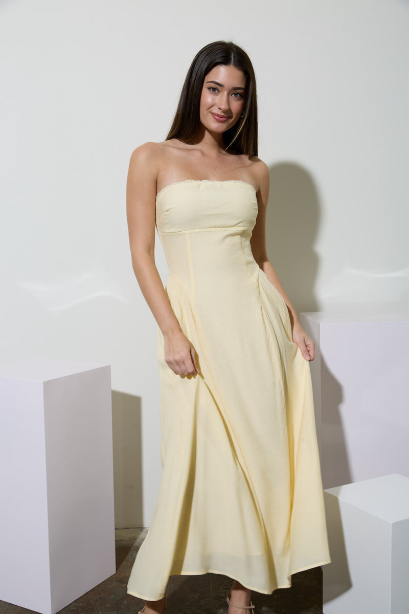 Adaline Strapless Lace Detail Midi Dress, Butter Yellow – North & Main  Clothing Company