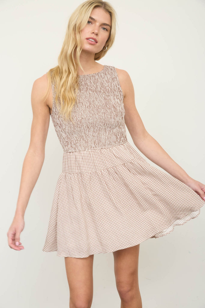 brown gingham dress mini Sanaly Mini Dress in Mini Gingham Brown , Frill , Loose Fit