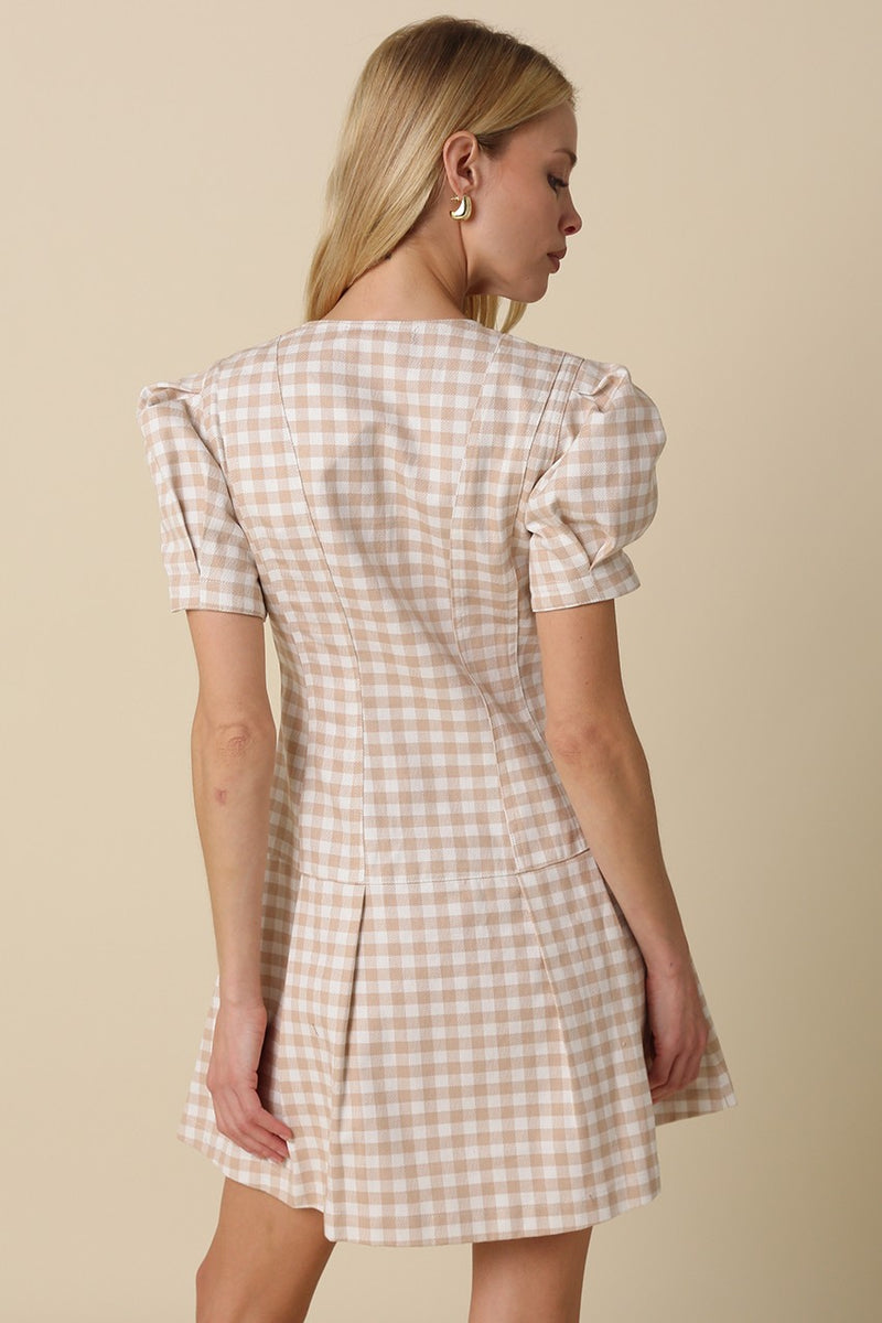 Marina Gingham Mini Dress, Khaki White – North & Main Clothing Company
