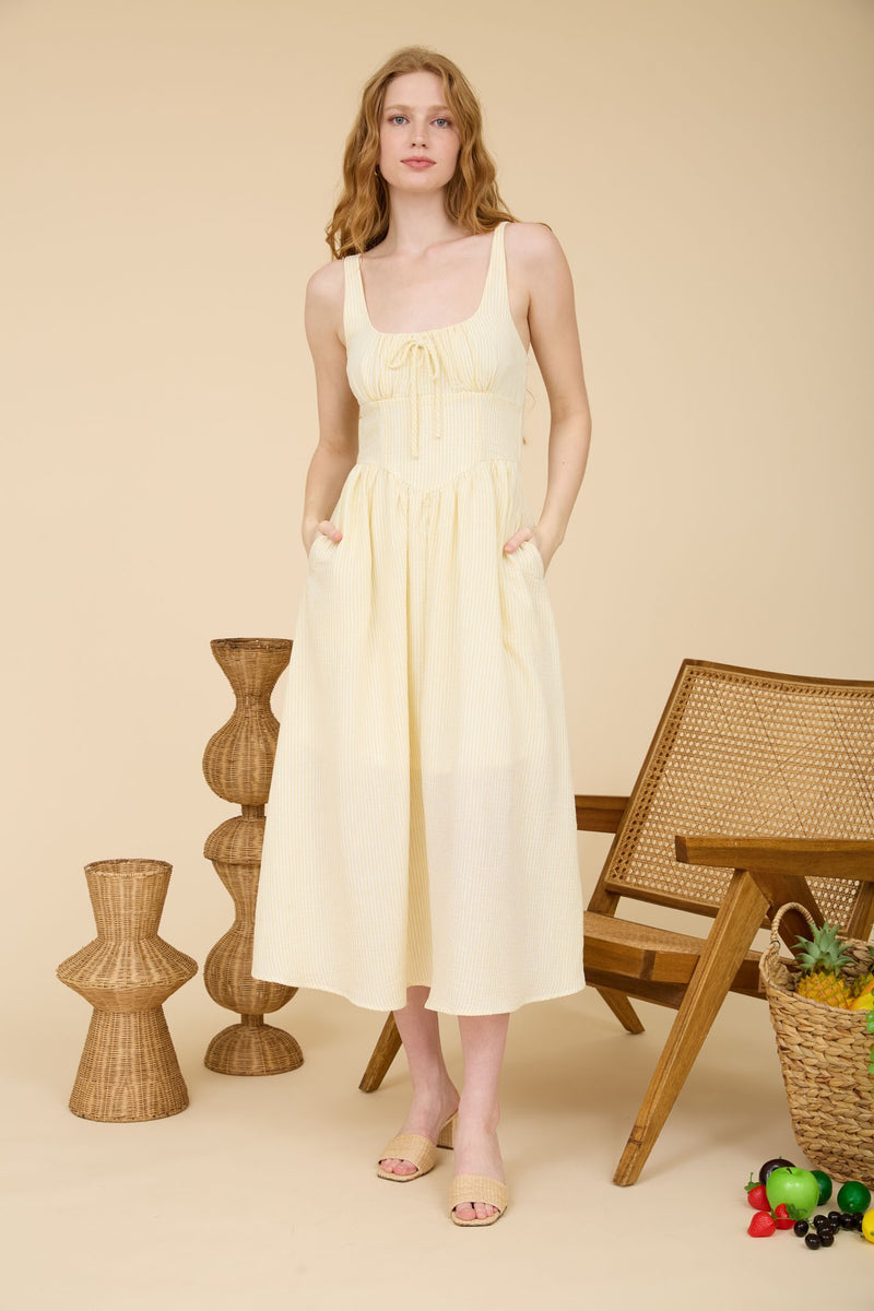 Genevieve Striped Corset Detail Dress, Butter Yellow