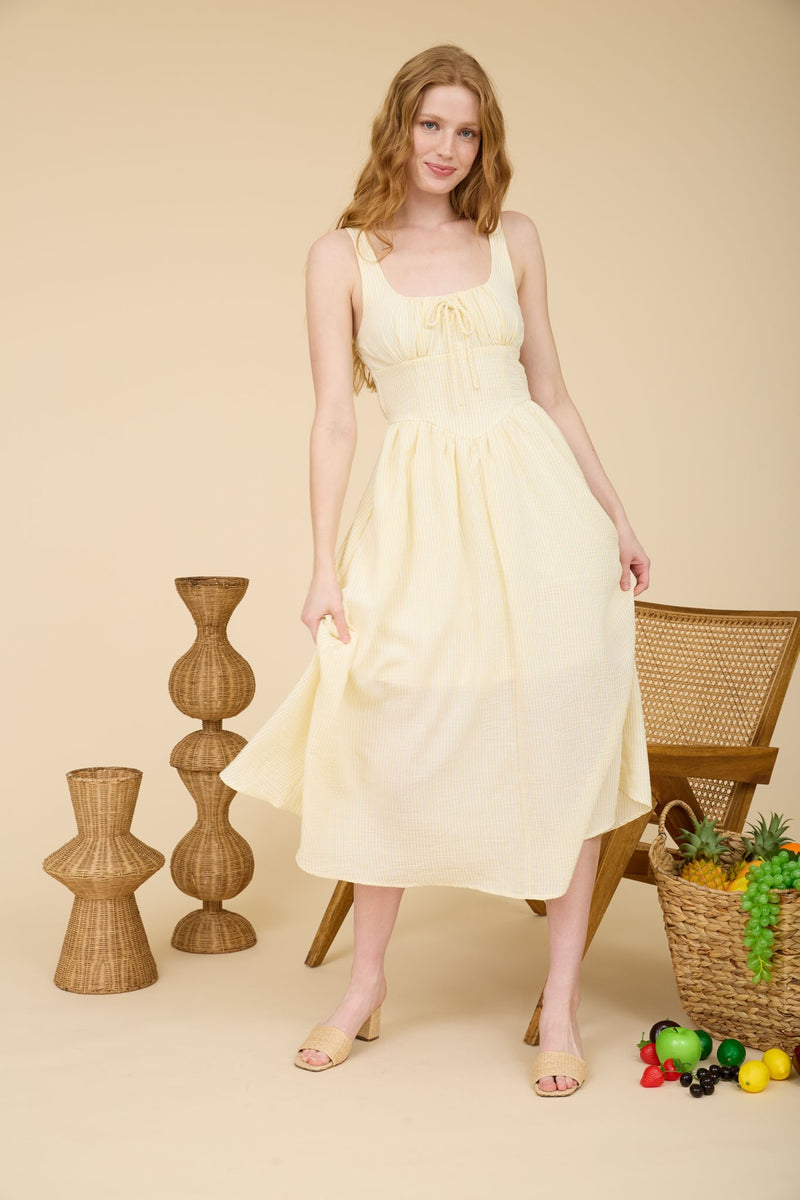 Genevieve Striped Corset Detail Dress, Butter Yellow