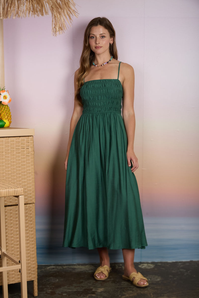 Danica Shirred Midi Dress, Kelly Green North & Main Clothing Company Danica Shirred Midi Dress, Kelly Green North & Main Clothing Company