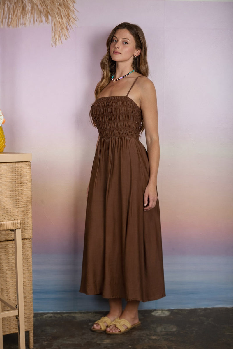 brown shirred dress Danica Midi Dress, – North & Main Clothing Company Maxi dress