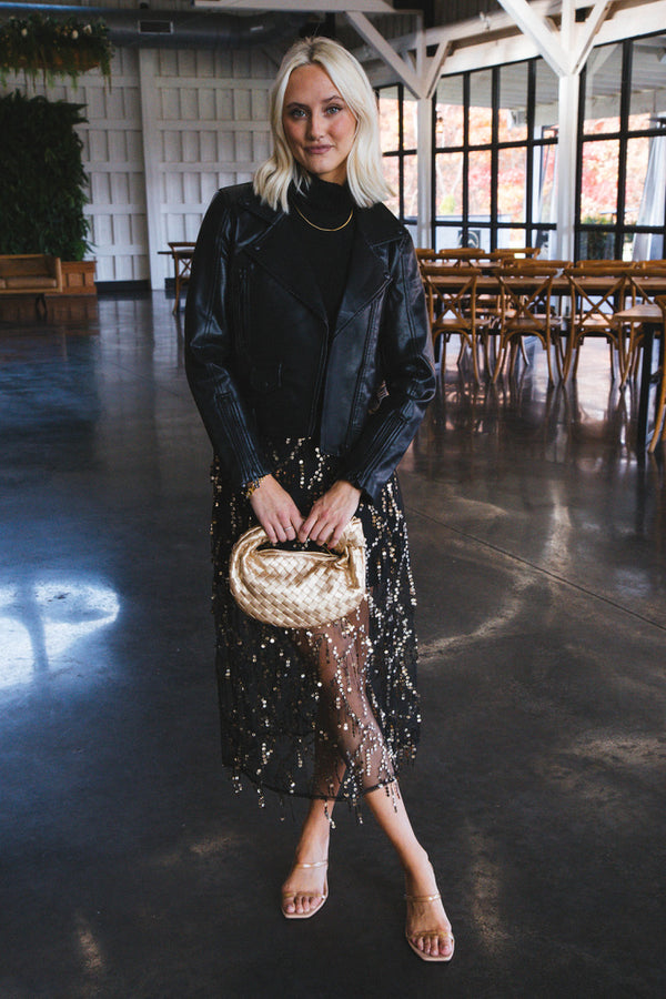Reyna Sequin Mesh Midi Skirt, Black/Gold