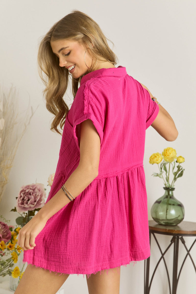 Jackie Button Down Gauze Shirt, Fuchsia
