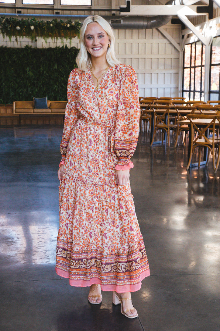 Lata Border Print Maxi Dress, Ivory/Orange