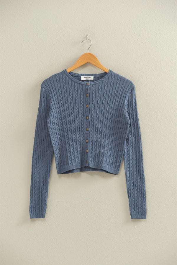 Iris Cable Knit Cropped Cardigan, Dusty Navy