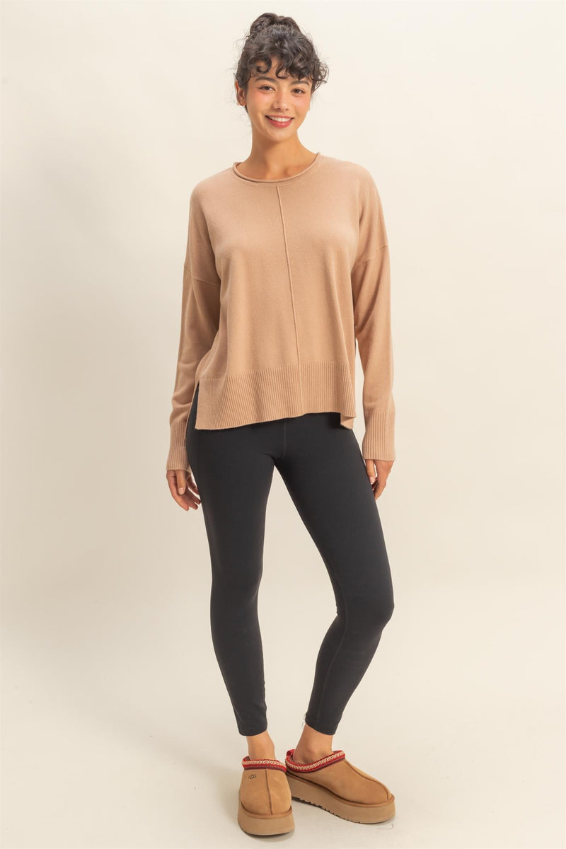 Kenzie Roll Neck Seam Front Sweater, Dark Taupe