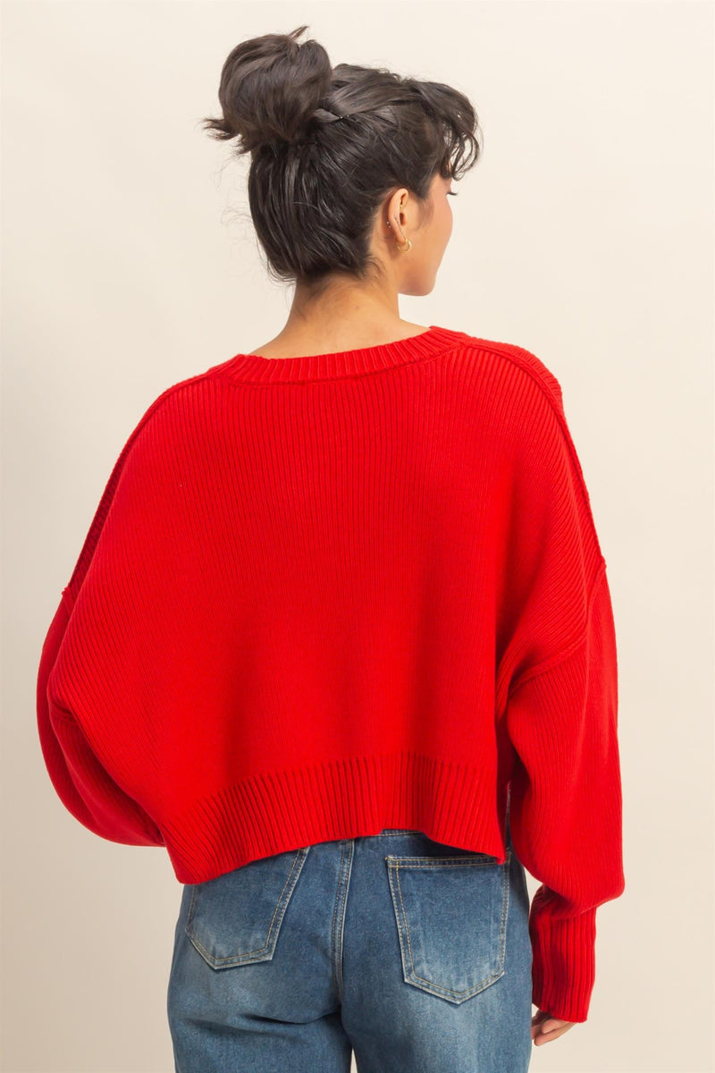 Camila Round Neck Cropped Sweater, Red