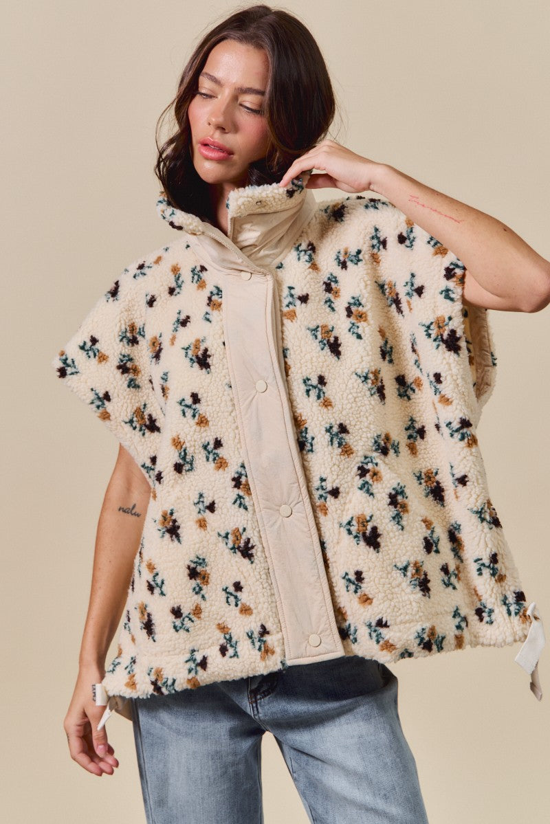 Naomi Floral Oversized Sherpa Vest, Ivory Multi