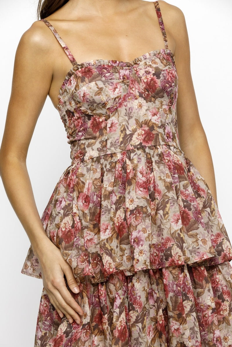 Scottie Tiered Ruffle Dress, Beige/Pink Floral